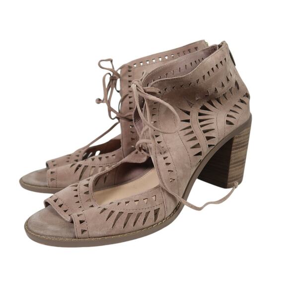 Vince Camuto Tarita Taupe Suede Leather Cut-Out Open Toe Booties 9 - Picture 1 of 6